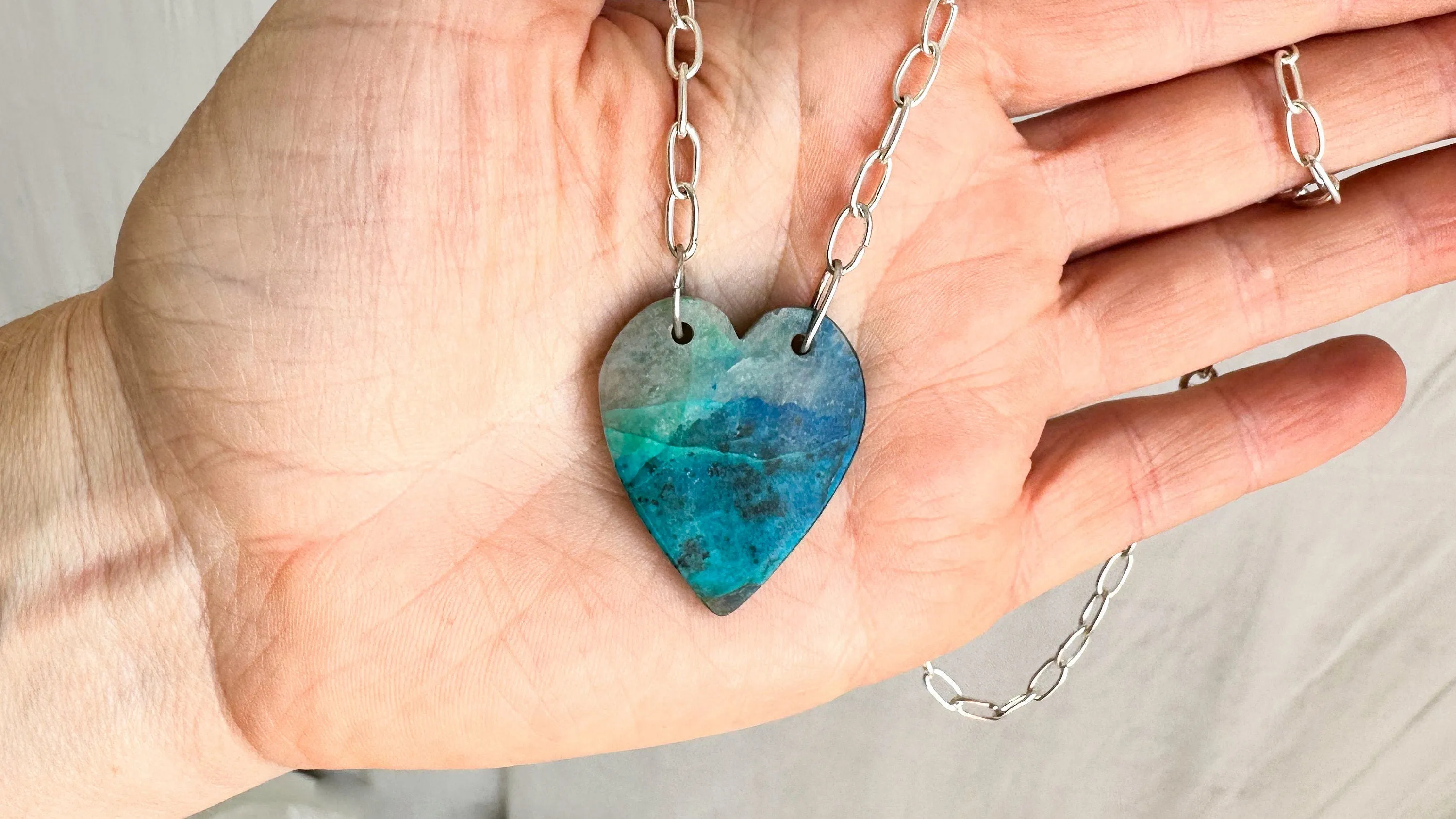 Chrysocolla Heart Pendant Necklace. Sterling Silver Chain. 0298
