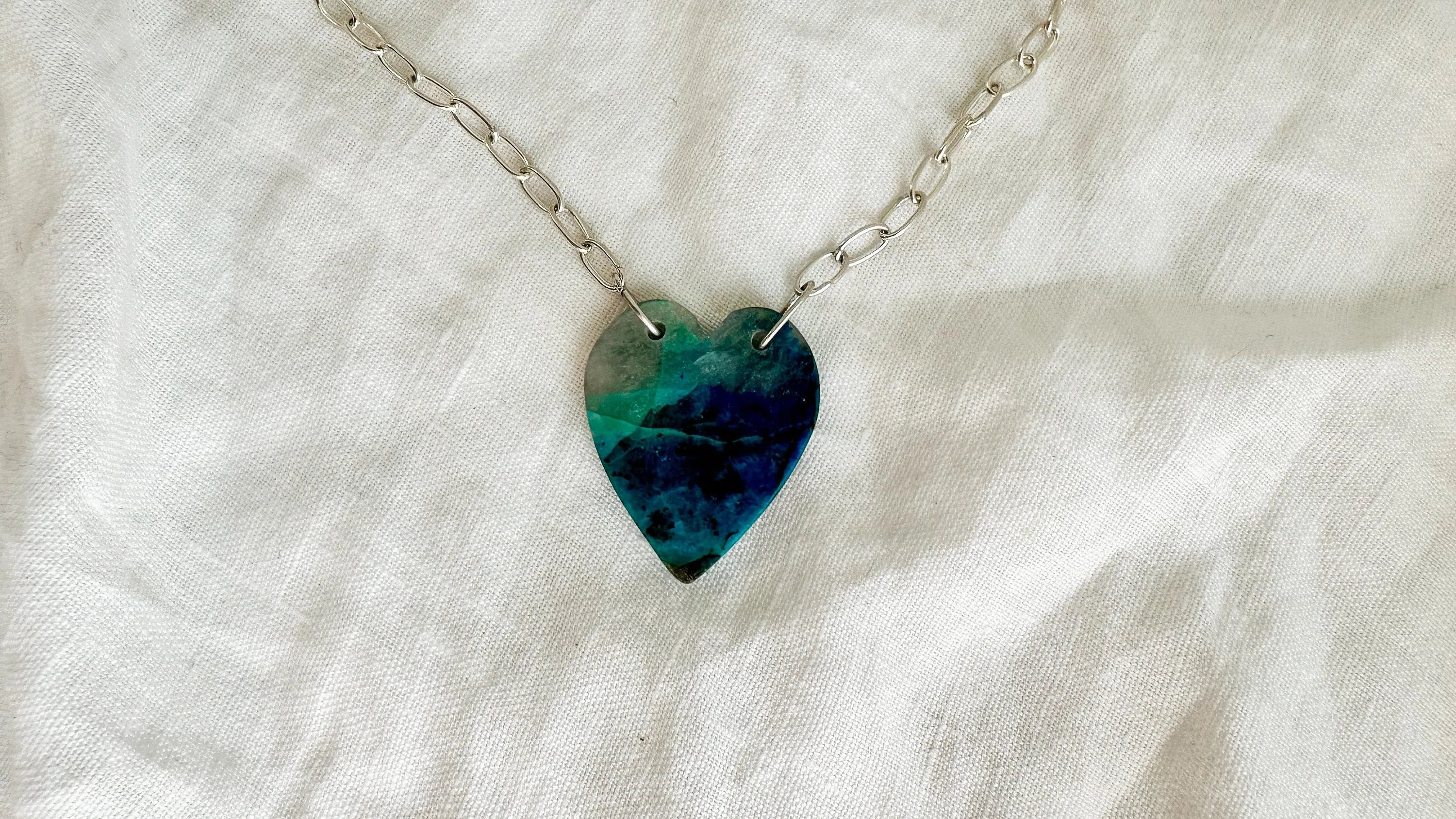 Chrysocolla Heart Pendant Necklace. Sterling Silver Chain. 0298