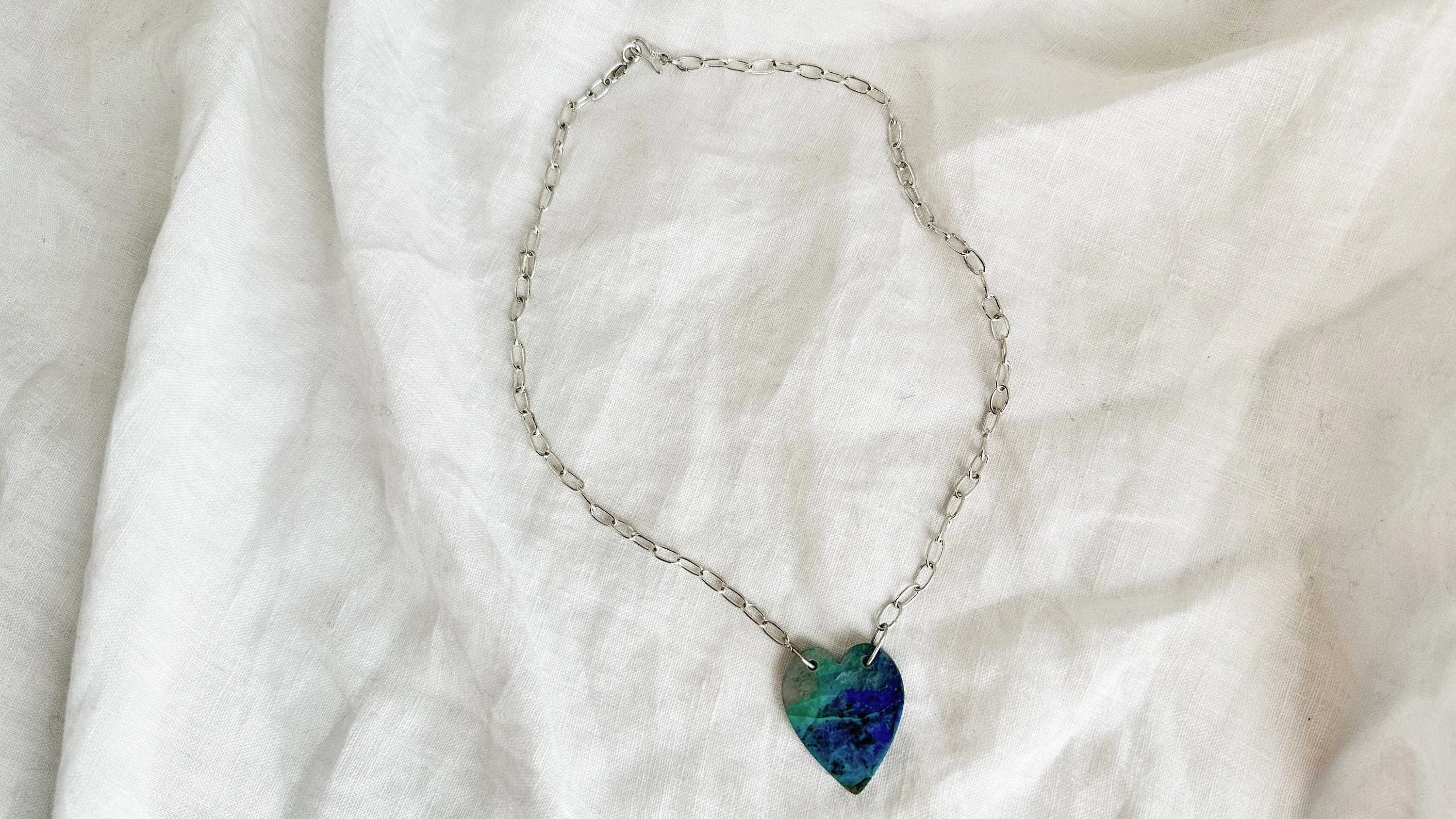 Chrysocolla Heart Pendant Necklace. Sterling Silver Chain. 0298