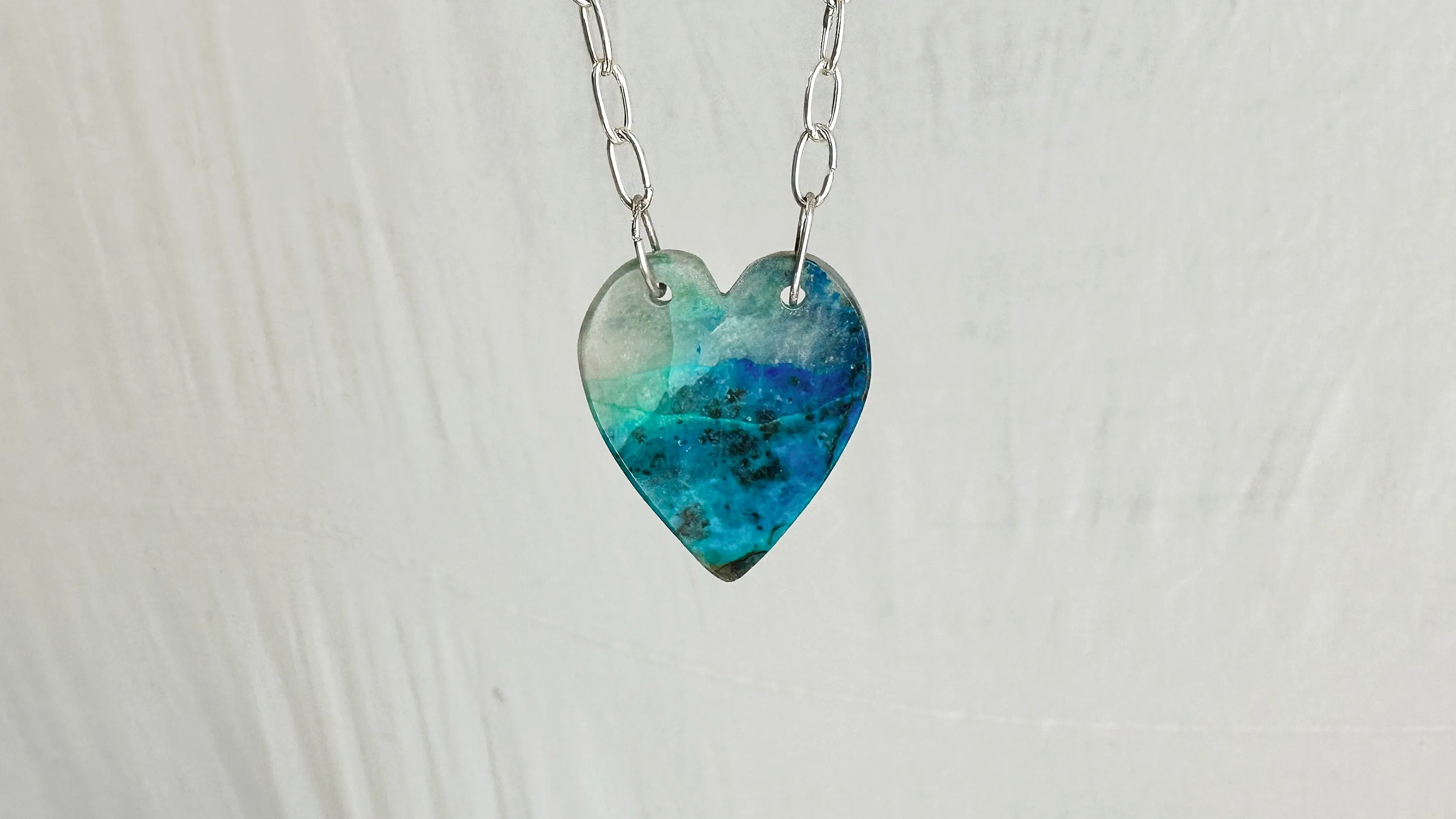 Chrysocolla Heart Pendant Necklace. Sterling Silver Chain. 0298
