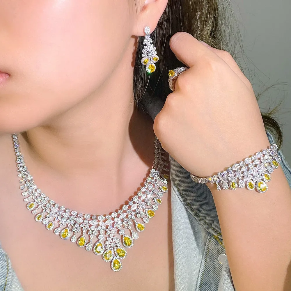 CWWZircons 4pcs Yellow Cubic Zirconia Fringe Dangle Drop Large Necklace Luxurious Wedding Bridal Jewelry Set Accessories T608