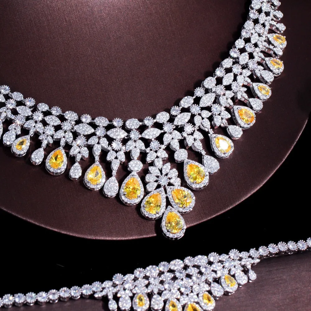 CWWZircons 4pcs Yellow Cubic Zirconia Fringe Dangle Drop Large Necklace Luxurious Wedding Bridal Jewelry Set Accessories T608
