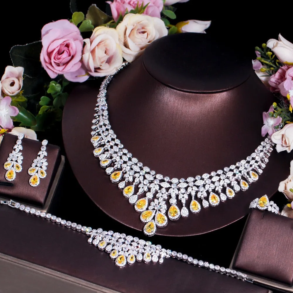 CWWZircons 4pcs Yellow Cubic Zirconia Fringe Dangle Drop Large Necklace Luxurious Wedding Bridal Jewelry Set Accessories T608