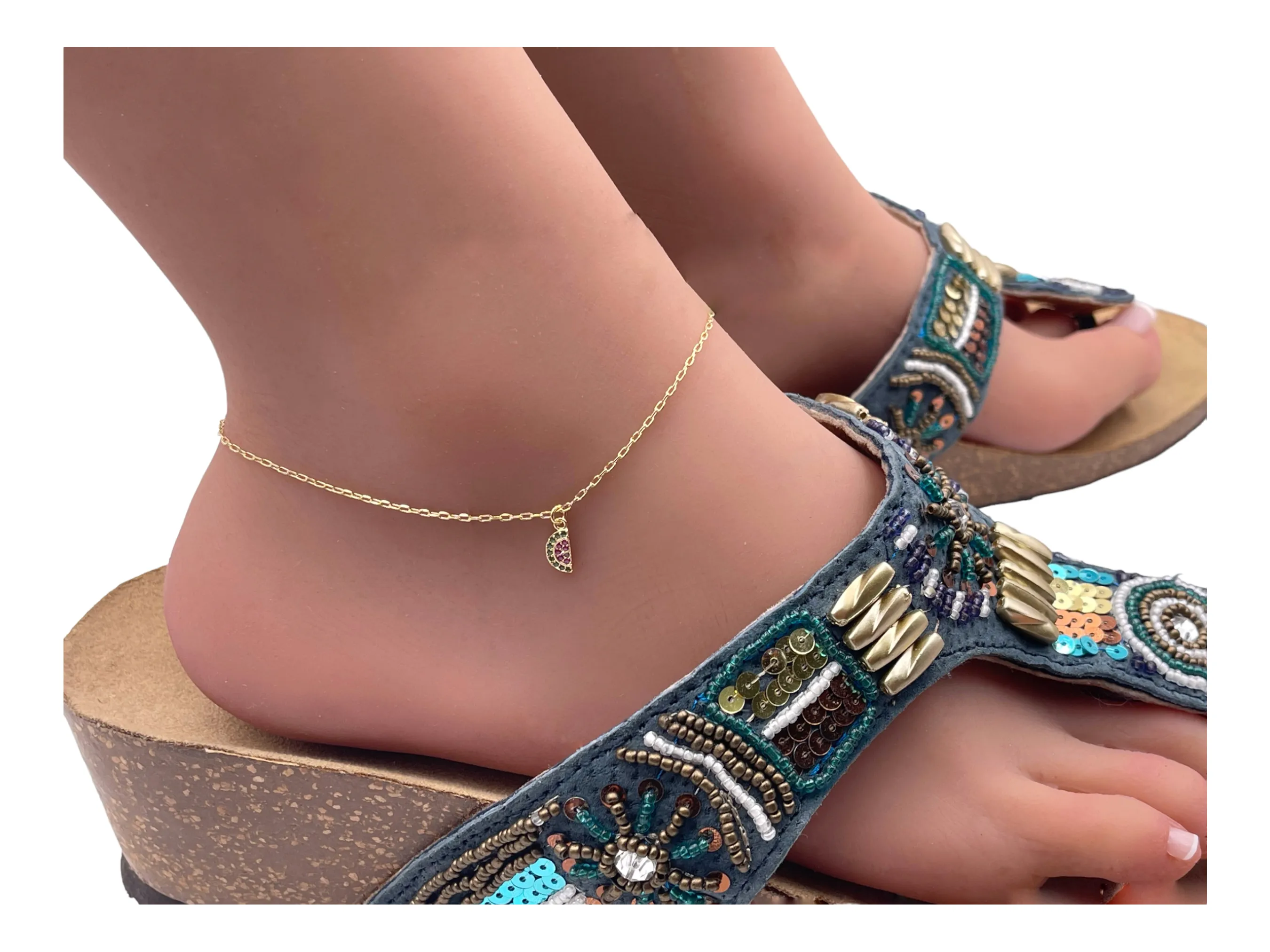Dainty Gold Filled Watermelon Charm Anklet Bracelet for Women