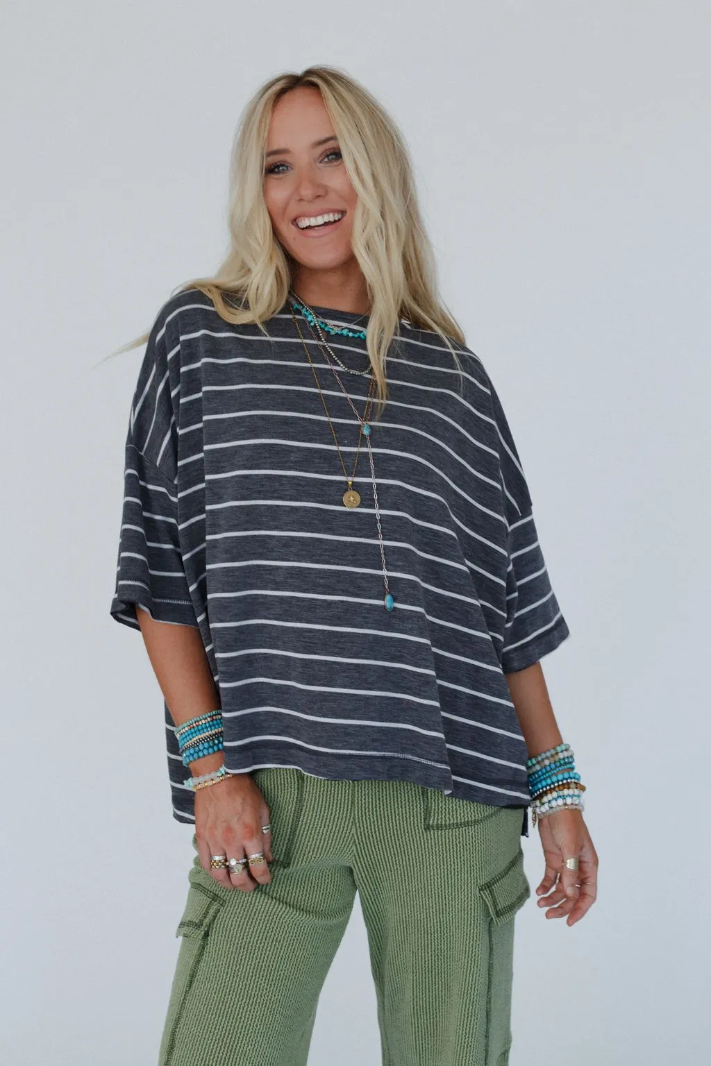 Dreamy Daze Striped Top - Charcoal