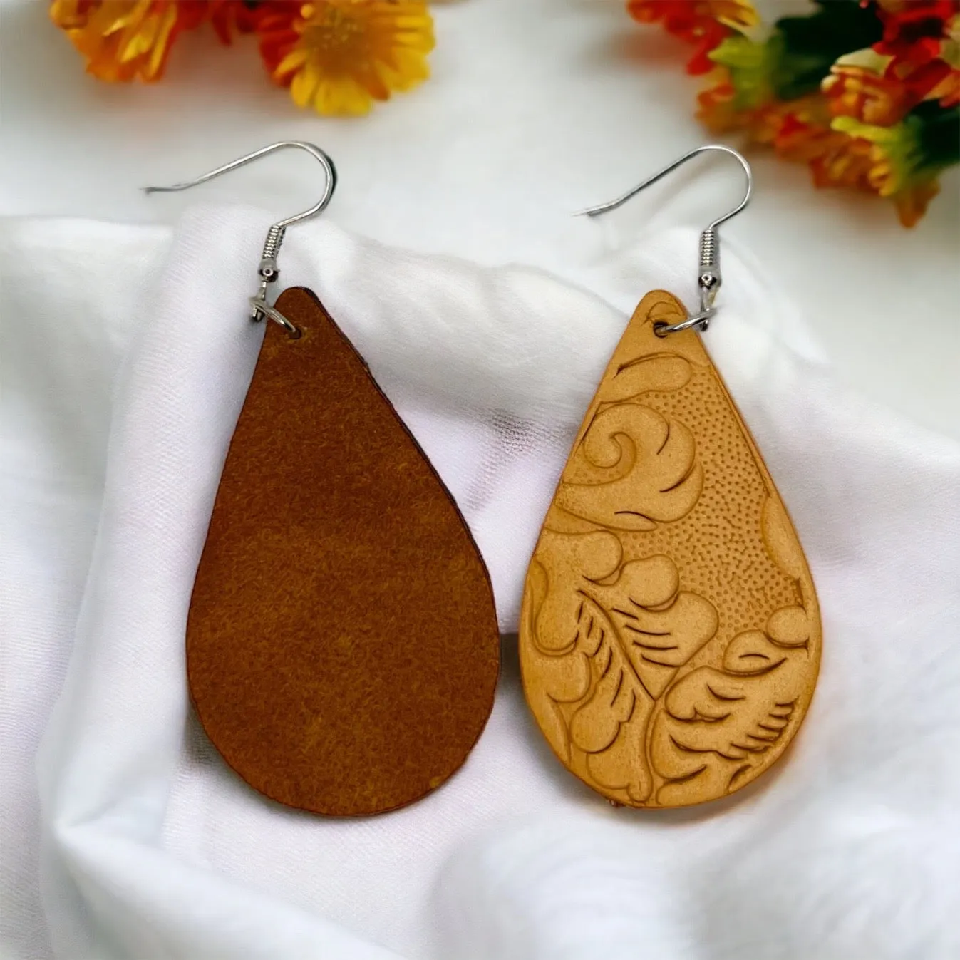 Embossed Leather Earrings - Boho Style, Handmade Earrings, Boho Chic, Western Earrings, Brown Earrings, Wooden Earrings, Bohemian Style