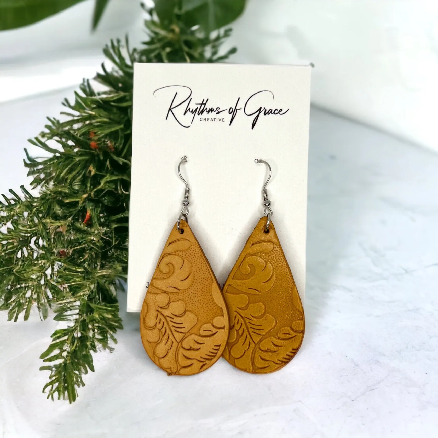 Embossed Leather Earrings - Boho Style, Handmade Earrings, Boho Chic, Western Earrings, Brown Earrings, Wooden Earrings, Bohemian Style
