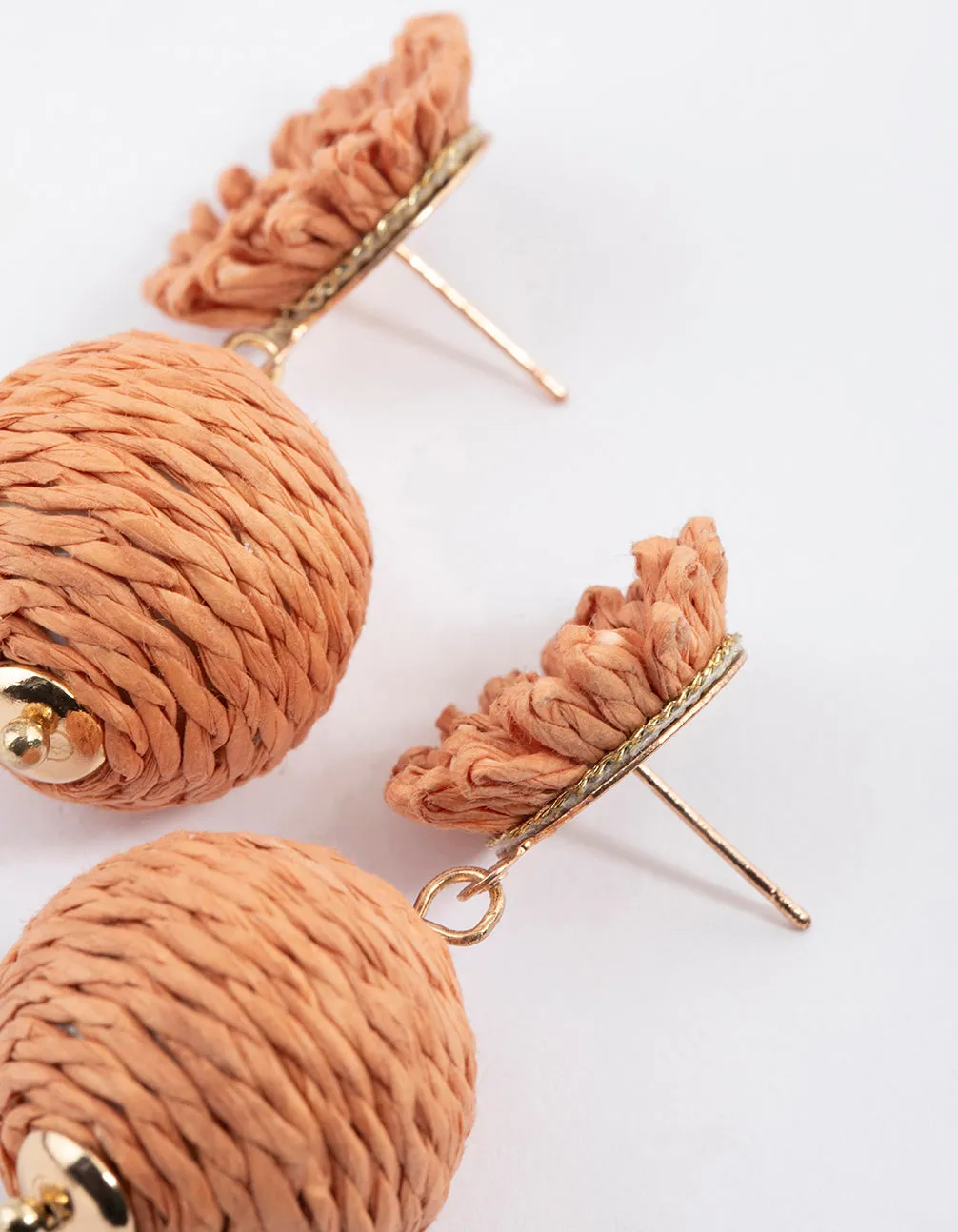 Gold Raffia Flower Ball Earrings