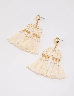 Gold Raffia Tassel Drop Earrings