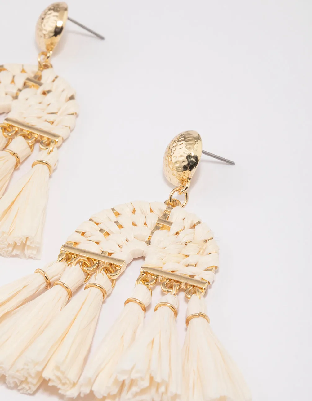 Gold Raffia Tassel Drop Earrings
