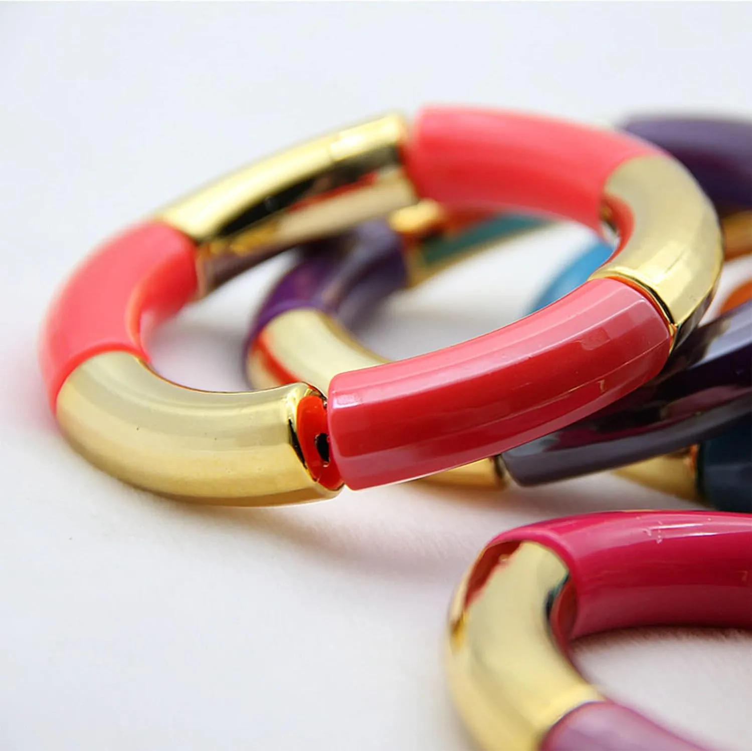 Handmade Colorful Acrylic Chunky Geometric Bamboo Tube Stretchable Elastic Link Chain Bangles Bracelet Punk Candy Color Adjustable Jewelry for Women