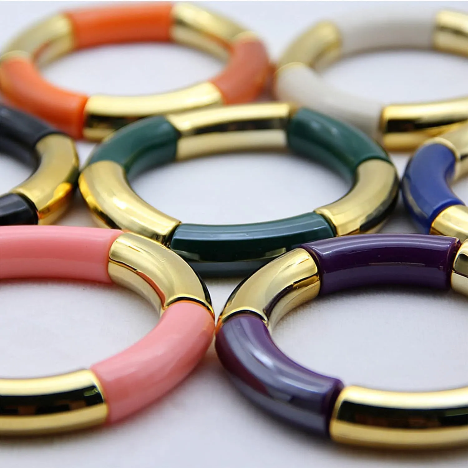 Handmade Colorful Acrylic Chunky Geometric Bamboo Tube Stretchable Elastic Link Chain Bangles Bracelet Punk Candy Color Adjustable Jewelry for Women