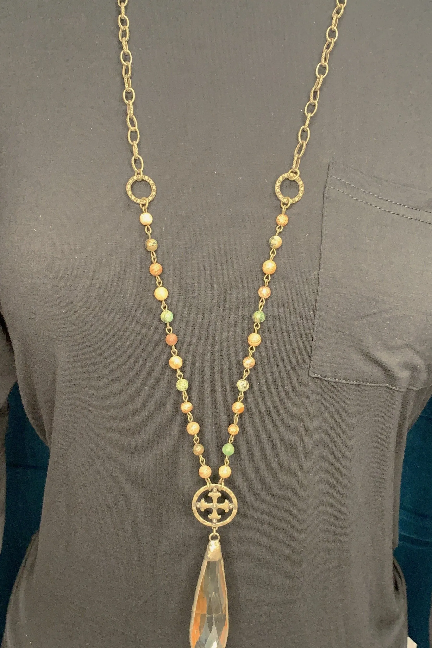 Lost And Found Mixed Metal Long Necklace With Colored Beads Cross Medallion And Large Amber Crystal Drop Dangle