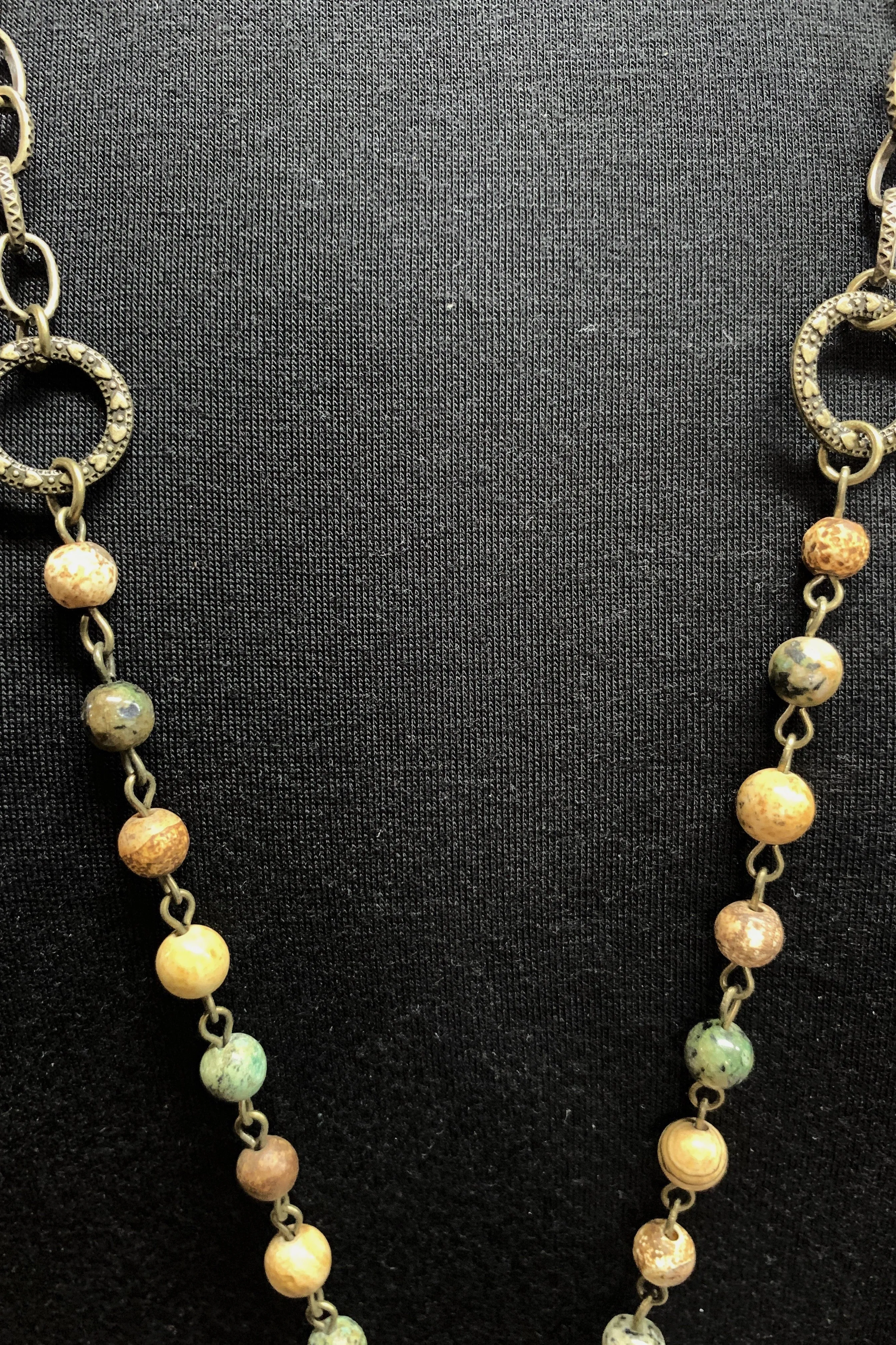 Lost And Found Mixed Metal Long Necklace With Colored Beads Cross Medallion And Large Amber Crystal Drop Dangle