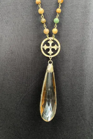 Lost And Found Mixed Metal Long Necklace With Colored Beads Cross Medallion And Large Amber Crystal Drop Dangle