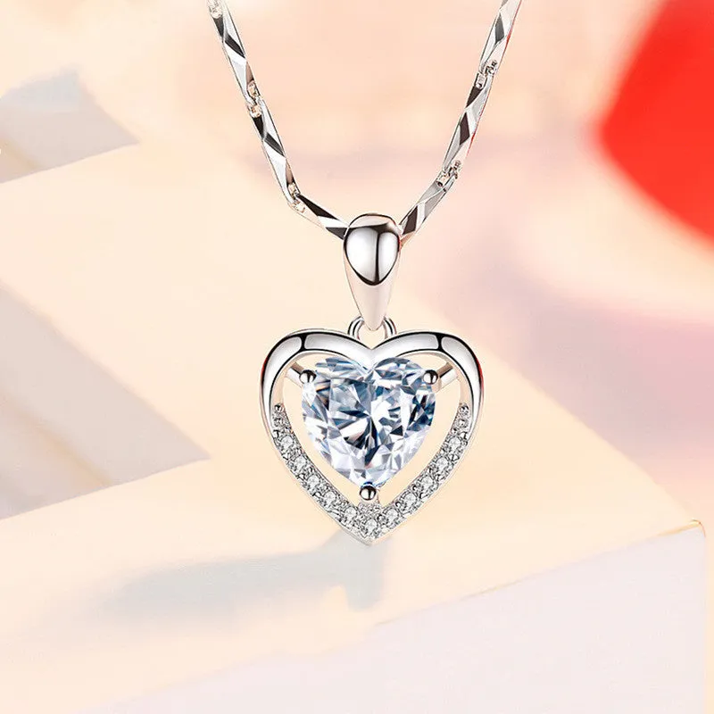 Luxury 925 Sterling Silver Heart Necklace - Rhinestones Gift Jewelry for Women