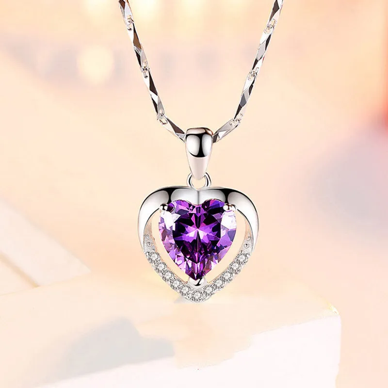 Luxury 925 Sterling Silver Heart Necklace - Rhinestones Gift Jewelry for Women