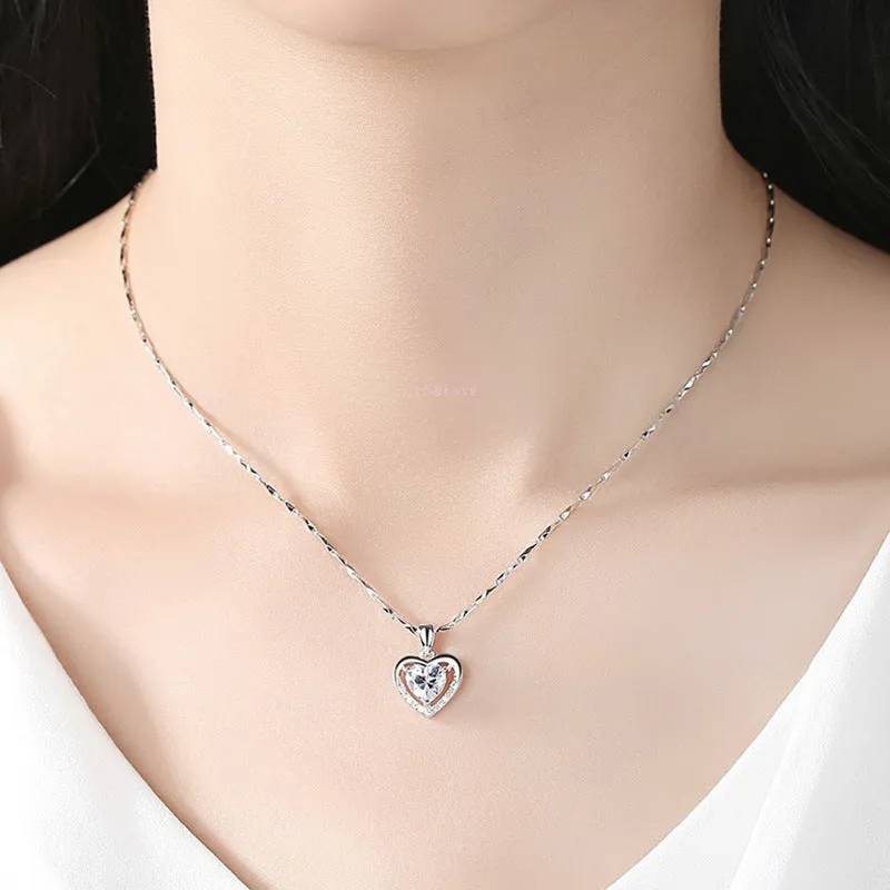 Luxury 925 Sterling Silver Heart Necklace - Rhinestones Gift Jewelry for Women