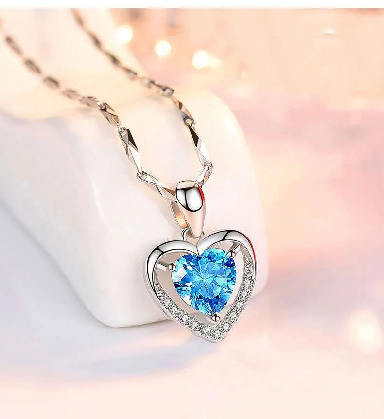 Luxury 925 Sterling Silver Heart Necklace - Rhinestones Gift Jewelry for Women