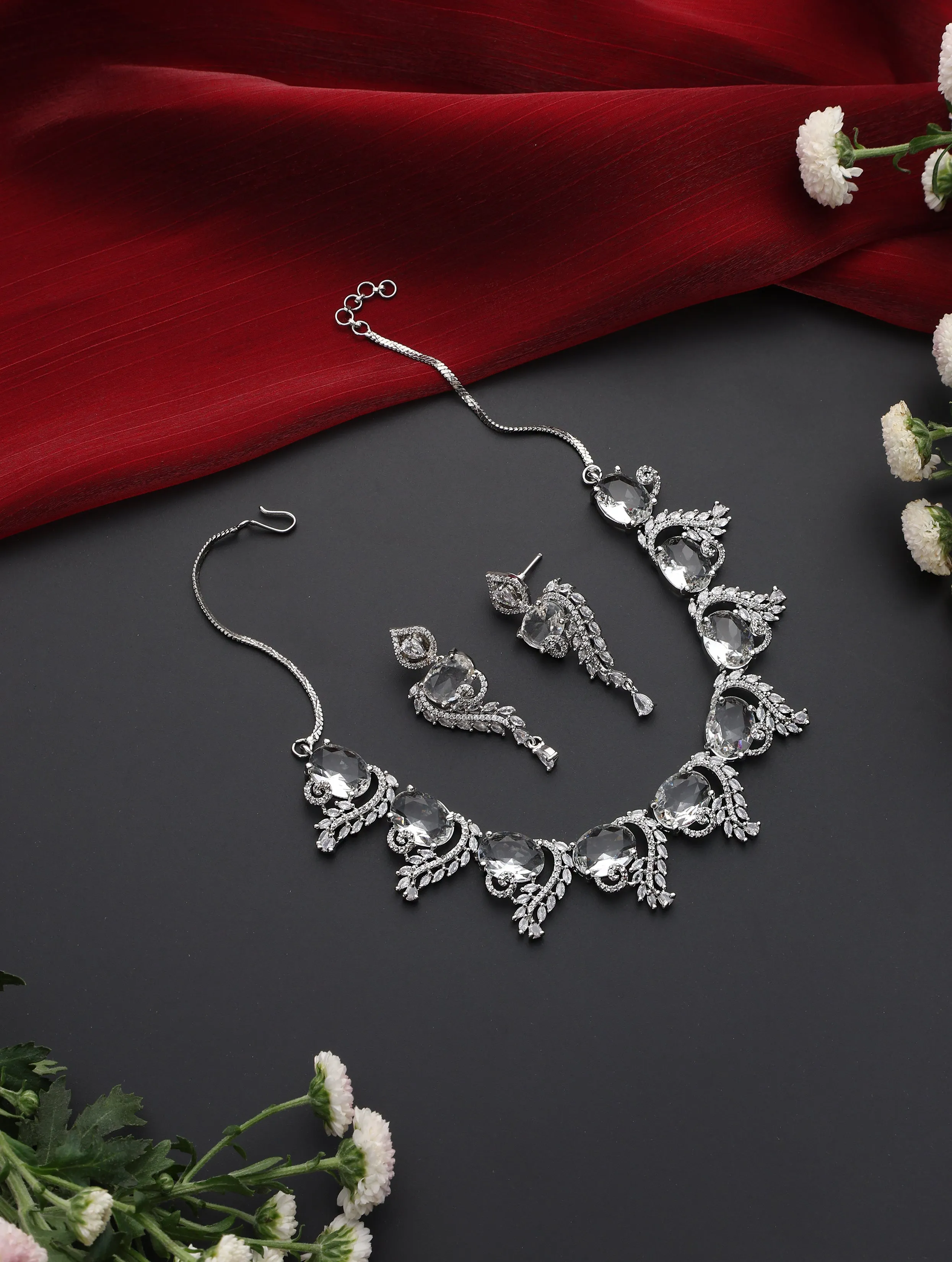 Luxury Silver Color American Diamond Premium Necklace & Earring Set