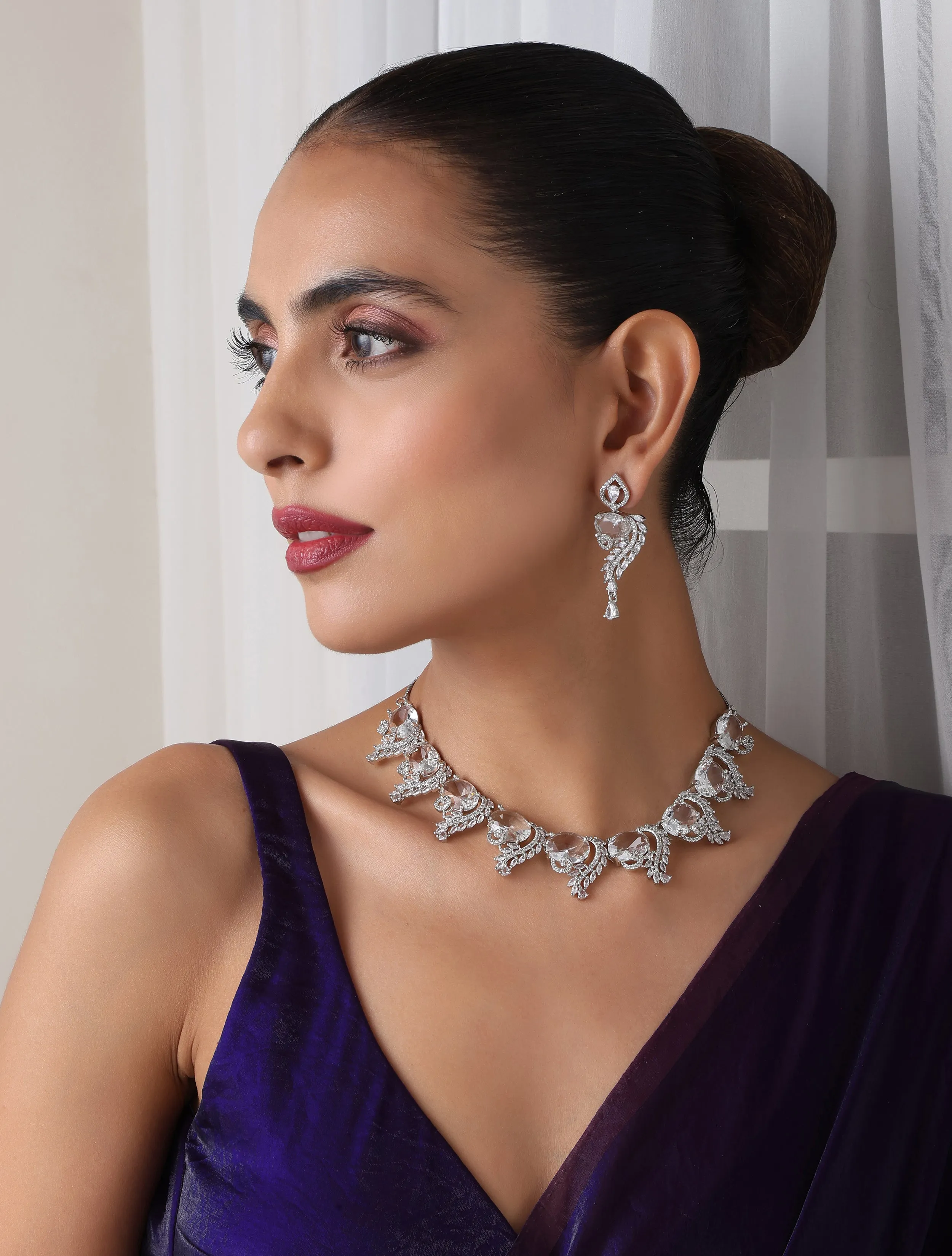Luxury Silver Color American Diamond Premium Necklace & Earring Set