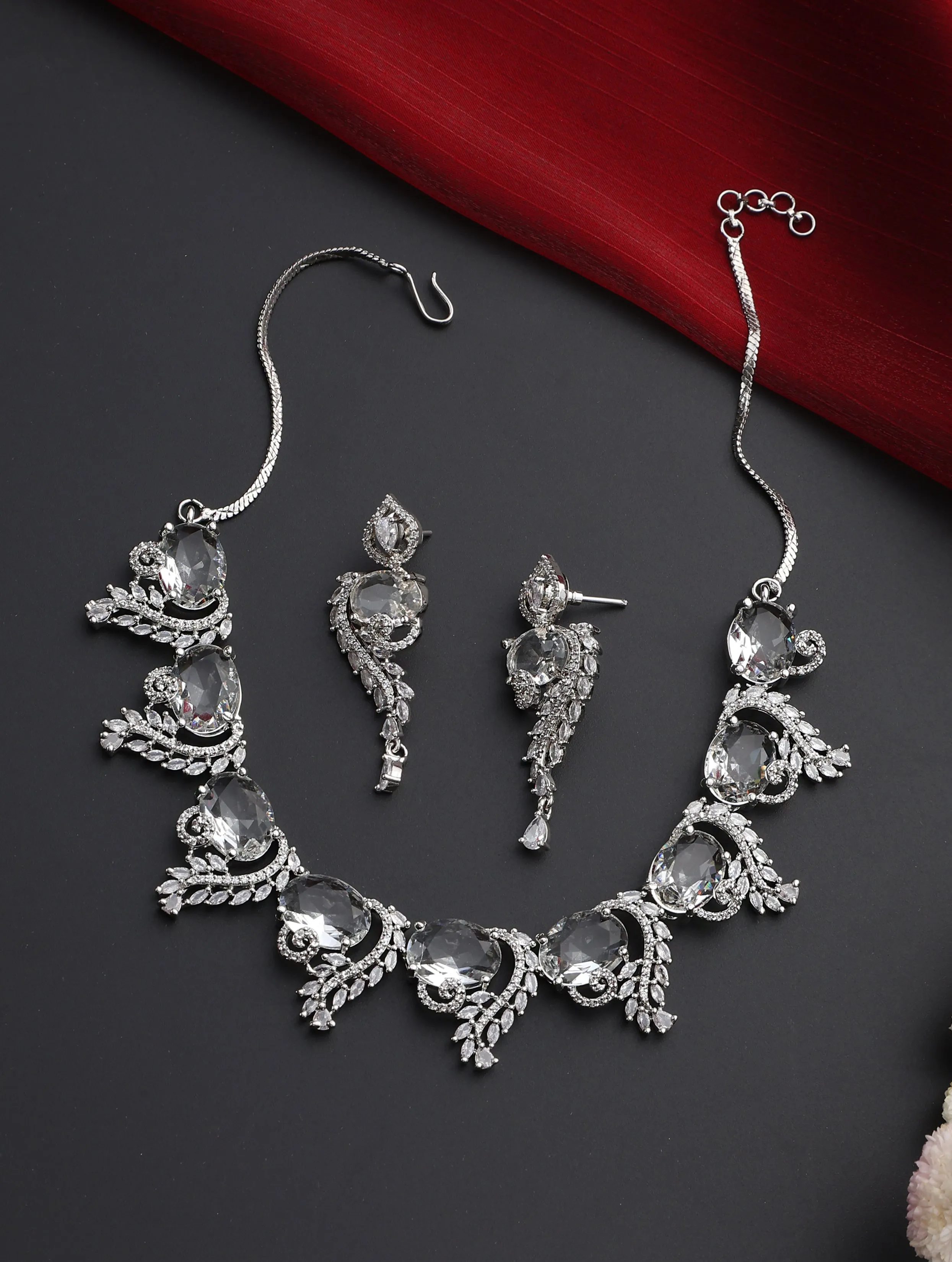 Luxury Silver Color American Diamond Premium Necklace & Earring Set
