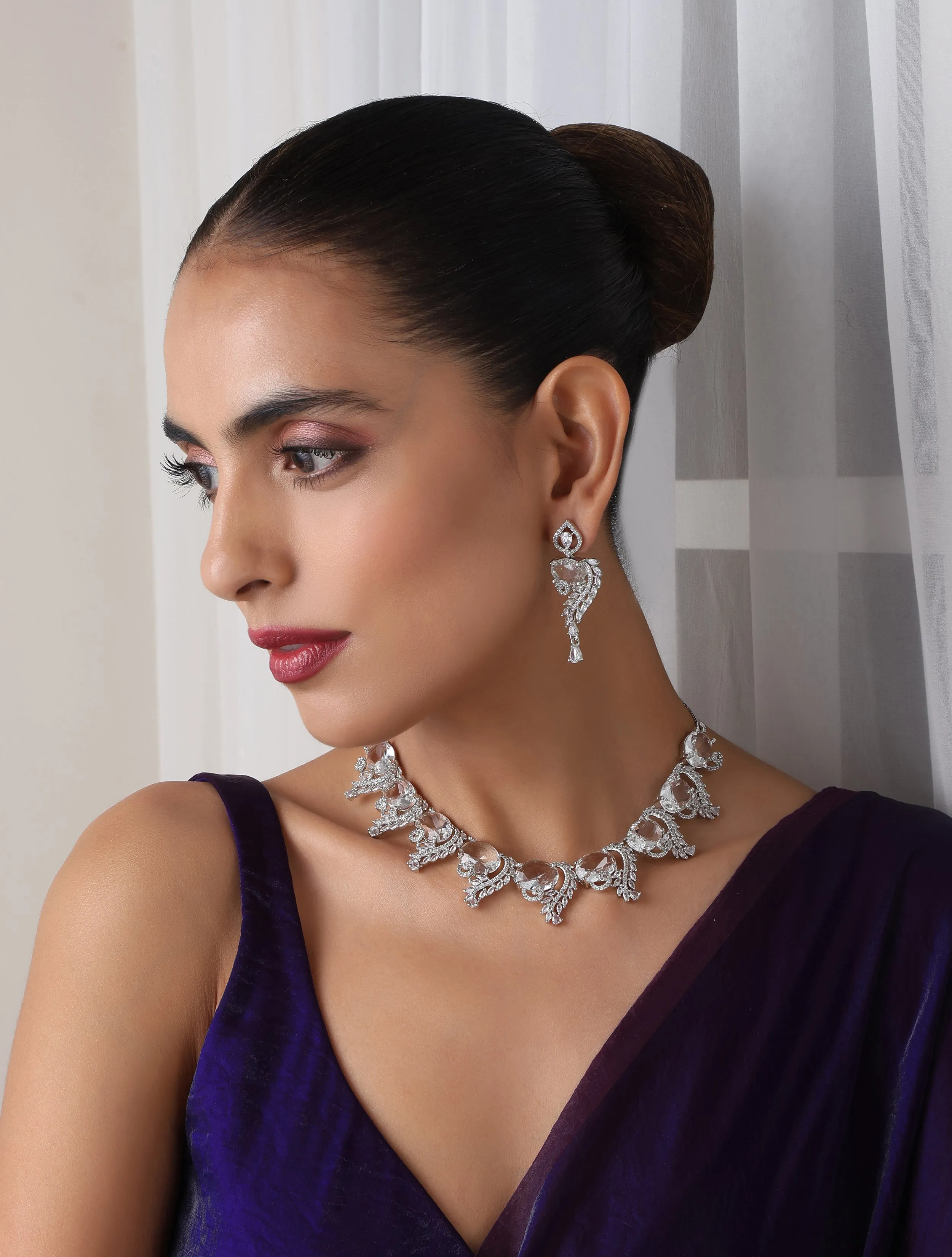 Luxury Silver Color American Diamond Premium Necklace & Earring Set