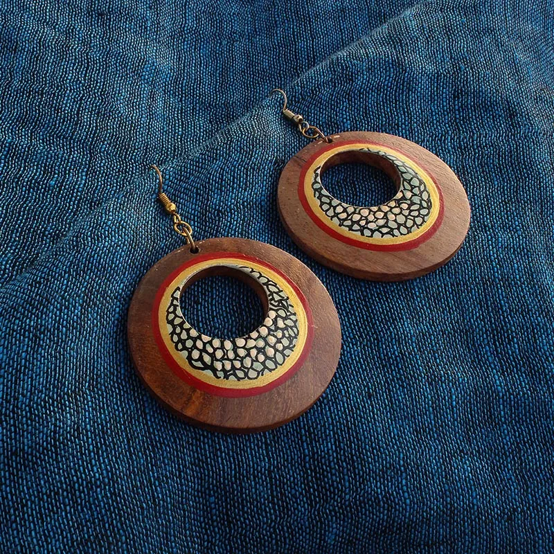 'Mosaic Pair' Bohemian Earrings Hand-painted In Mosaic Pattern (Sheesham Wood)