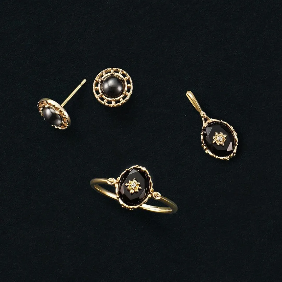 Natural Black Agate Flower Cut Ring