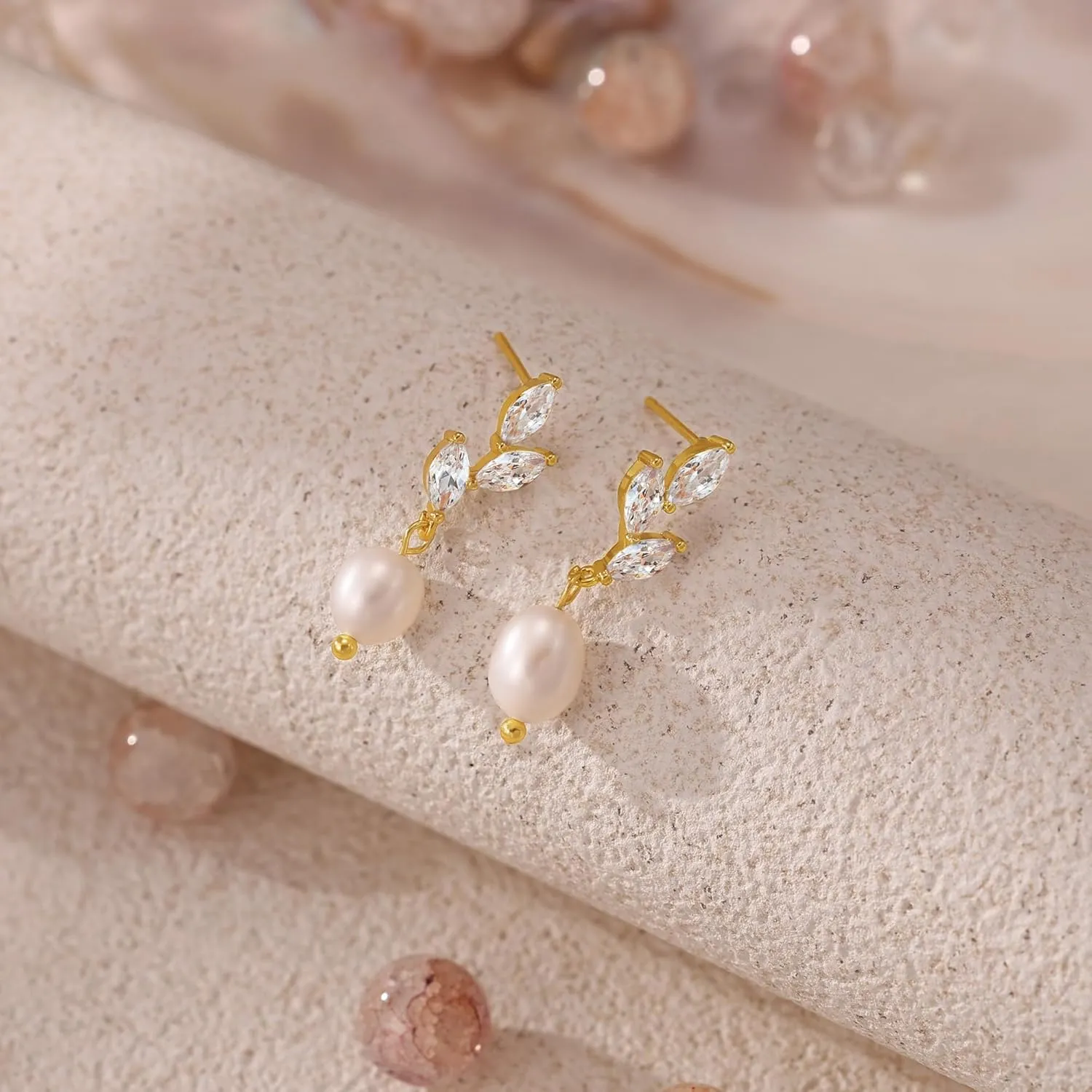 Pearl Earrings for Women, Trendy 14k Gold Plated Drop Hoop Pearl Earrings Dainty Freshwater Leaf Bow Pearl Dangle Earring Elegant Hypoallergenic Bridesmaid Gold Pearl Earrings Wedding Jewelry for Women