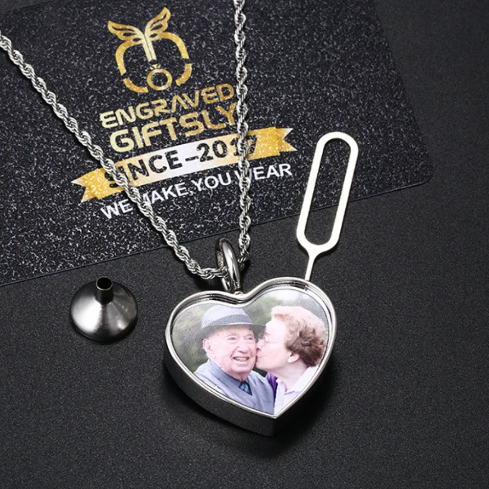 Personalized 14k Photo Cremation Urn Necklace for Ashes With Filling Tool- Custom Engraving Heart Pendant Memorial Keepsake 14k Gold Jewelry