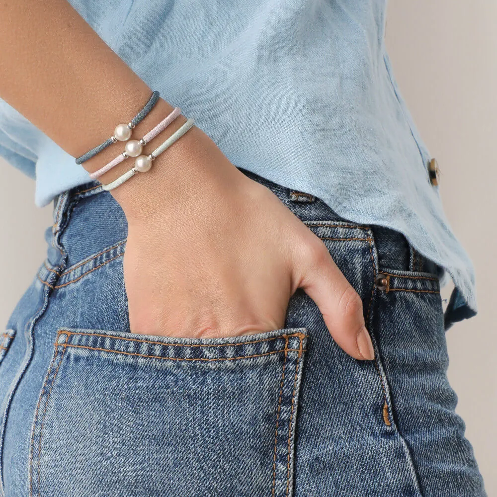 Pink Elastic Bracelet for Women with Organic Pearl, 8mm Round White Pearl, Adjustable 7.8 Length, Sifnos Collection