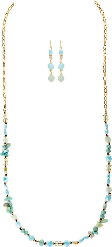 Rain Jewelry Gold Blue Stone Glass Long Bead Necklace Set