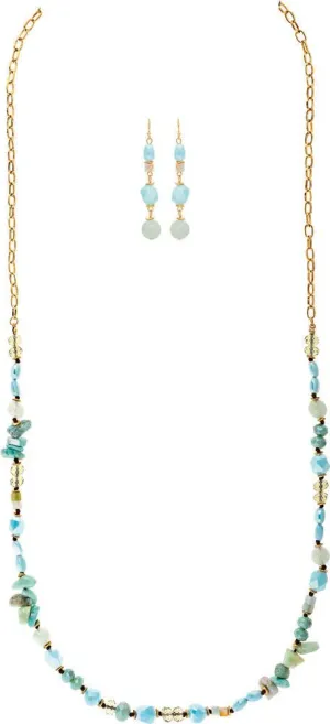 Rain Jewelry Gold Blue Stone Glass Long Bead Necklace Set