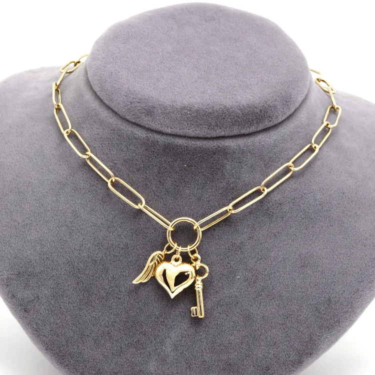 Real Gold Paper Clip Chain Necklace with 3D Heart Key and Wings Charms (45 C.M) 1404 N1422