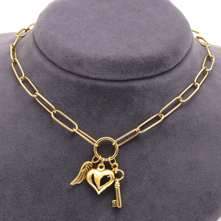 Real Gold Paper Clip Chain Necklace with 3D Heart Key and Wings Charms (45 C.M) 1404 N1422