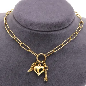 Real Gold Paper Clip Chain Necklace with 3D Heart Key and Wings Charms (45 C.M) 1404 N1422