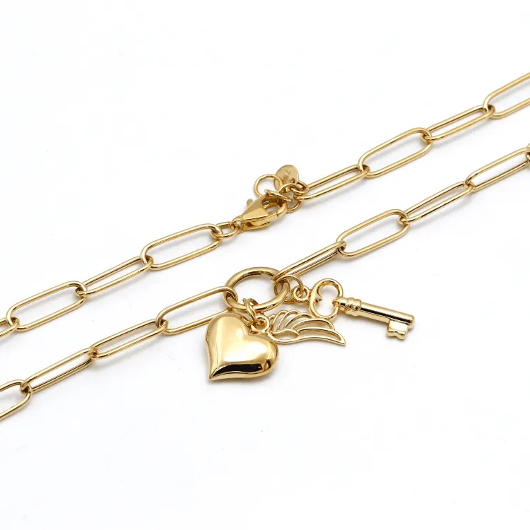 Real Gold Paper Clip Chain Necklace with 3D Heart Key and Wings Charms (45 C.M) 1404 N1422