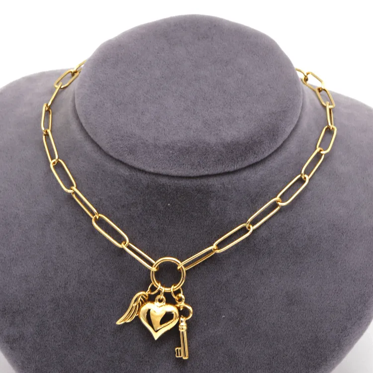 Real Gold Paper Clip Chain Necklace with 3D Heart Key and Wings Charms (45 C.M) 1404 N1422