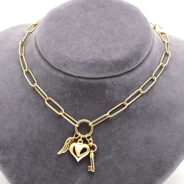 Real Gold Paper Clip Chain Necklace with 3D Heart Key and Wings Charms (45 C.M) 1404 N1422