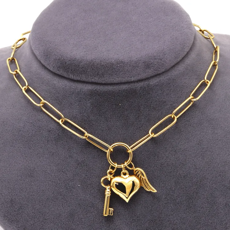 Real Gold Paper Clip Chain Necklace with 3D Heart Key and Wings Charms (45 C.M) 1404 N1422