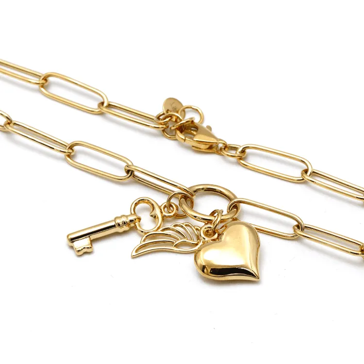 Real Gold Paper Clip Chain Necklace with 3D Heart Key and Wings Charms (45 C.M) 1404 N1422