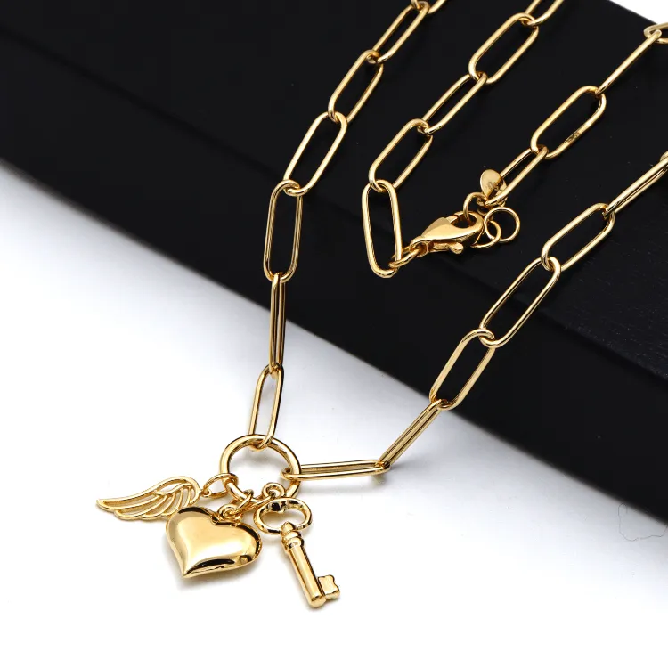 Real Gold Paper Clip Chain Necklace with 3D Heart Key and Wings Charms (45 C.M) 1404 N1422