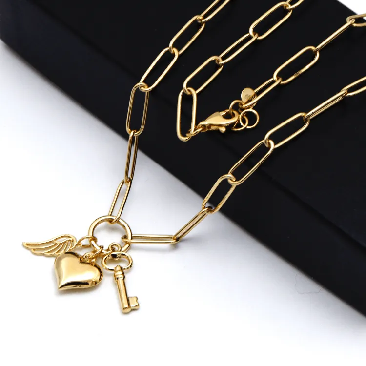 Real Gold Paper Clip Chain Necklace with 3D Heart Key and Wings Charms (45 C.M) 1404 N1422