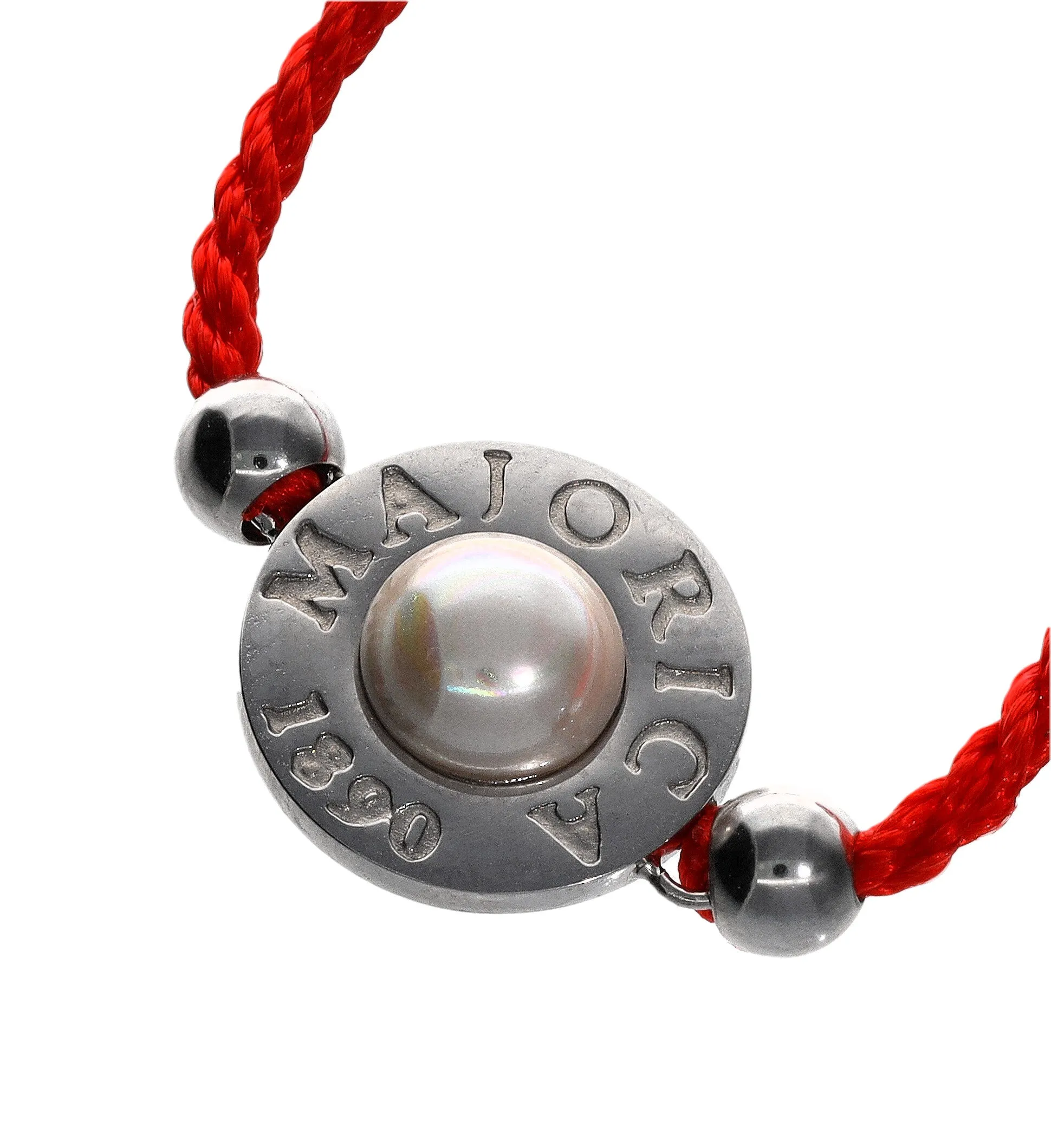 Red Braided Steel Bracelet for Women with 6mm Half Ball White Pearl, Adjustable 8.6" Length, Lipari Collection