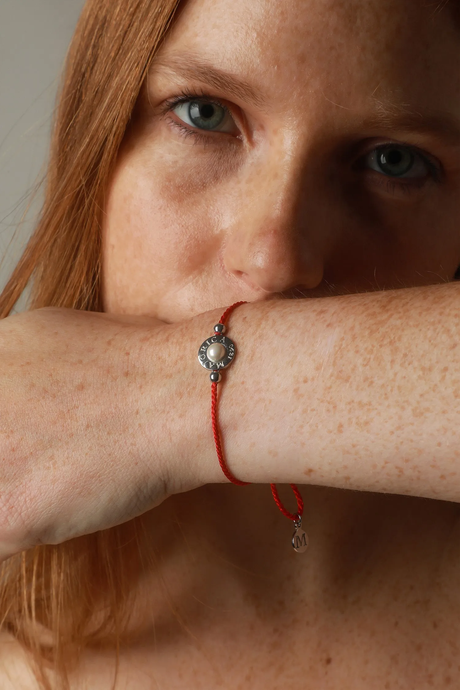 Red Braided Steel Bracelet for Women with 6mm Half Ball White Pearl, Adjustable 8.6" Length, Lipari Collection