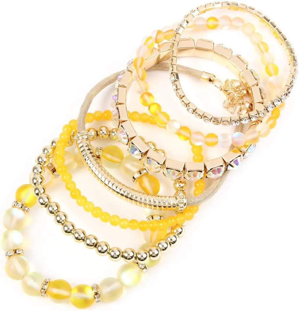 RIAH FASHION Multi Color Stretch Beaded Stackable Bracelets - Layering Bead Strand Statement Wrap Bangles