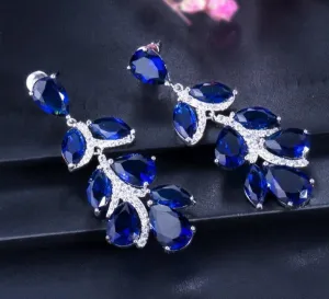 Royal Blue Crystal Long Leaf Dangle Earrings