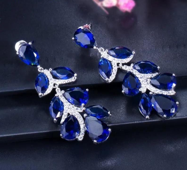 Royal Blue Crystal Long Leaf Dangle Earrings