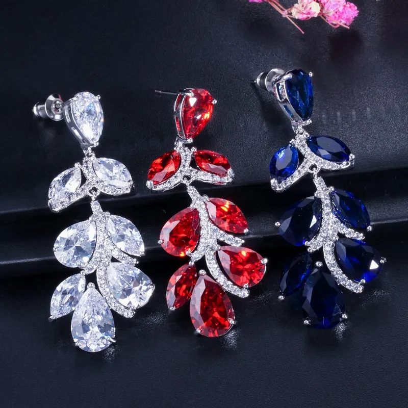 Royal Blue Crystal Long Leaf Dangle Earrings